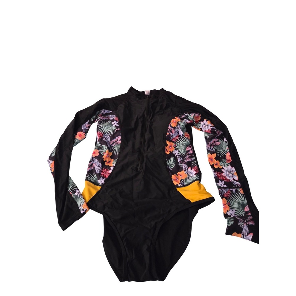 Womens Long Sleeve Rash Guard One Piece Swimsuit Floral Print Black Yellow XL